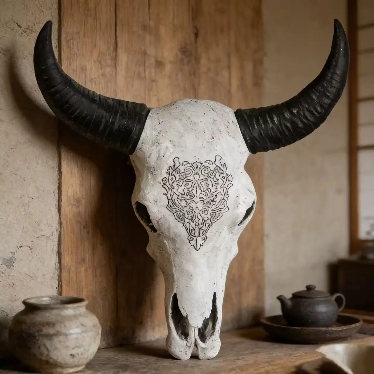 European Retro Bull Head Cow Head Bones Resin Statue Living Room Pendant Background Wall Hanging Home Decor Ornament Adult Gift