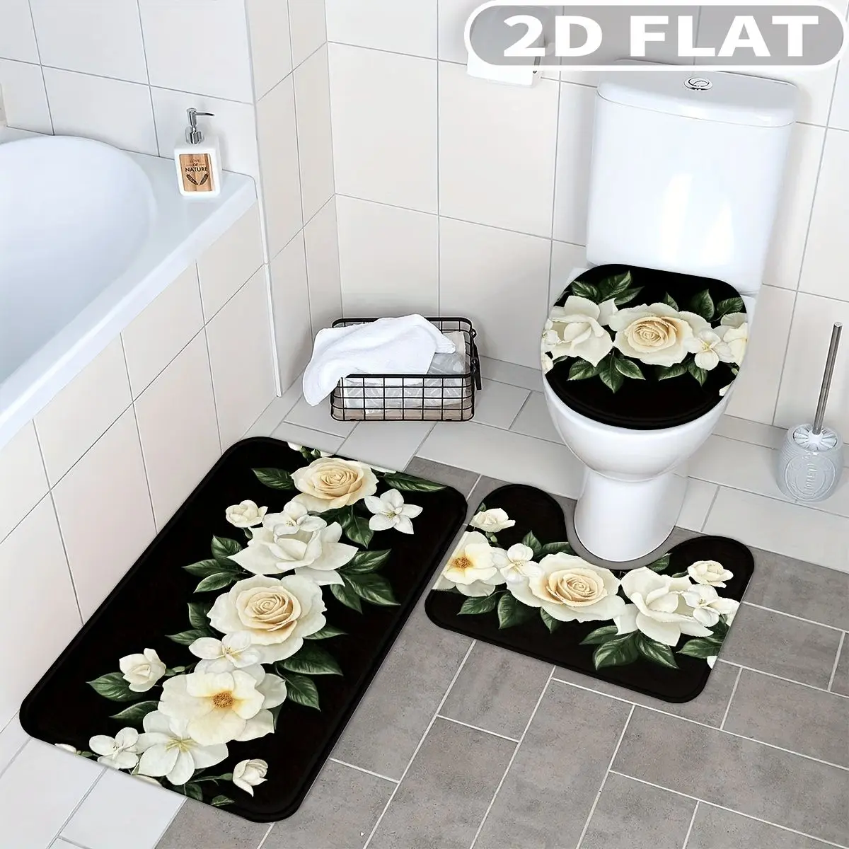 

3pcs Bathroom Rug Set White Roses On Black Background 3pcs Bath Mats Set for Bathroom Non-Slip Cover Mat