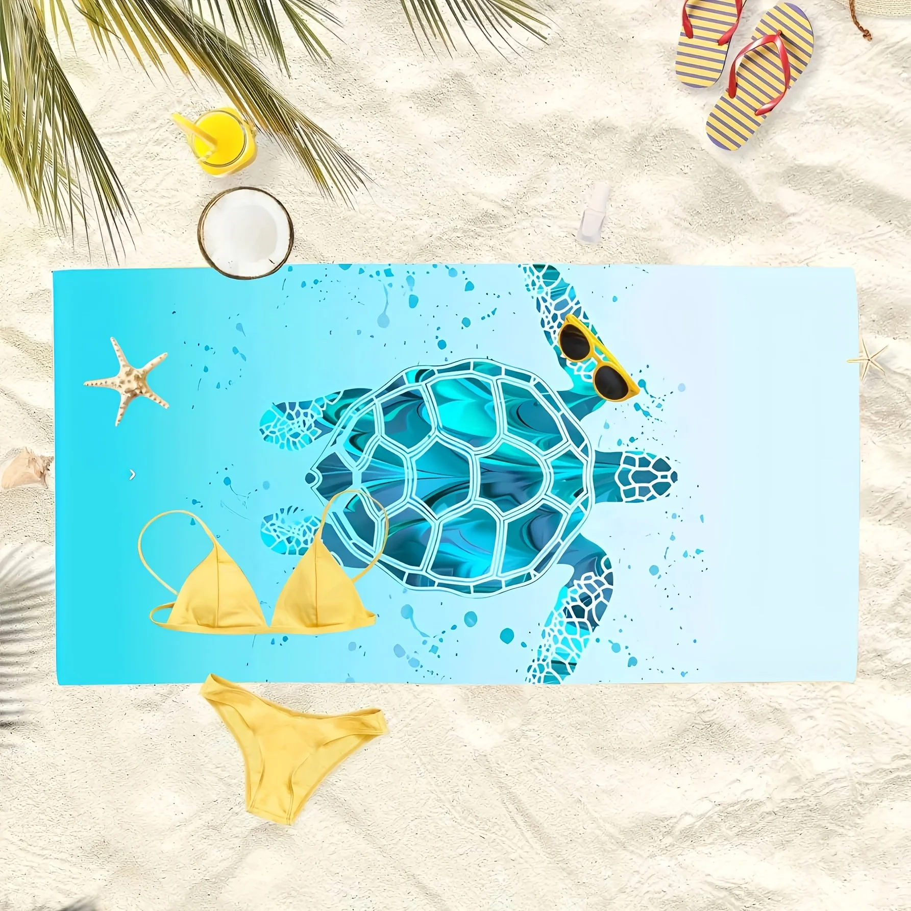 Simple blue turtle pattern oversized beach towel, lightweight quick-drying super absorbent towel