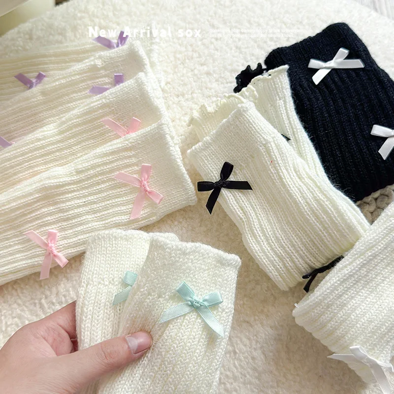 1 Pair Autumn Warm Leg Warmers for Kids Girl Chic Sweet Ballet Bow Knitted Yarn Sock Winter Fashion Cute Pile Sock Legwarmers