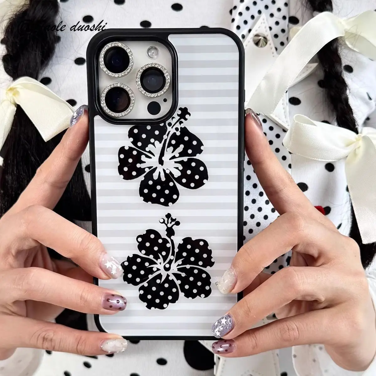 Полосатый чехол для телефона с цветком гибискуса в горошек для Apple iPhone 16 Pro Max 15 PLUS, силиконовый черный тонкий прозрачный чехол 14 13 Pro
