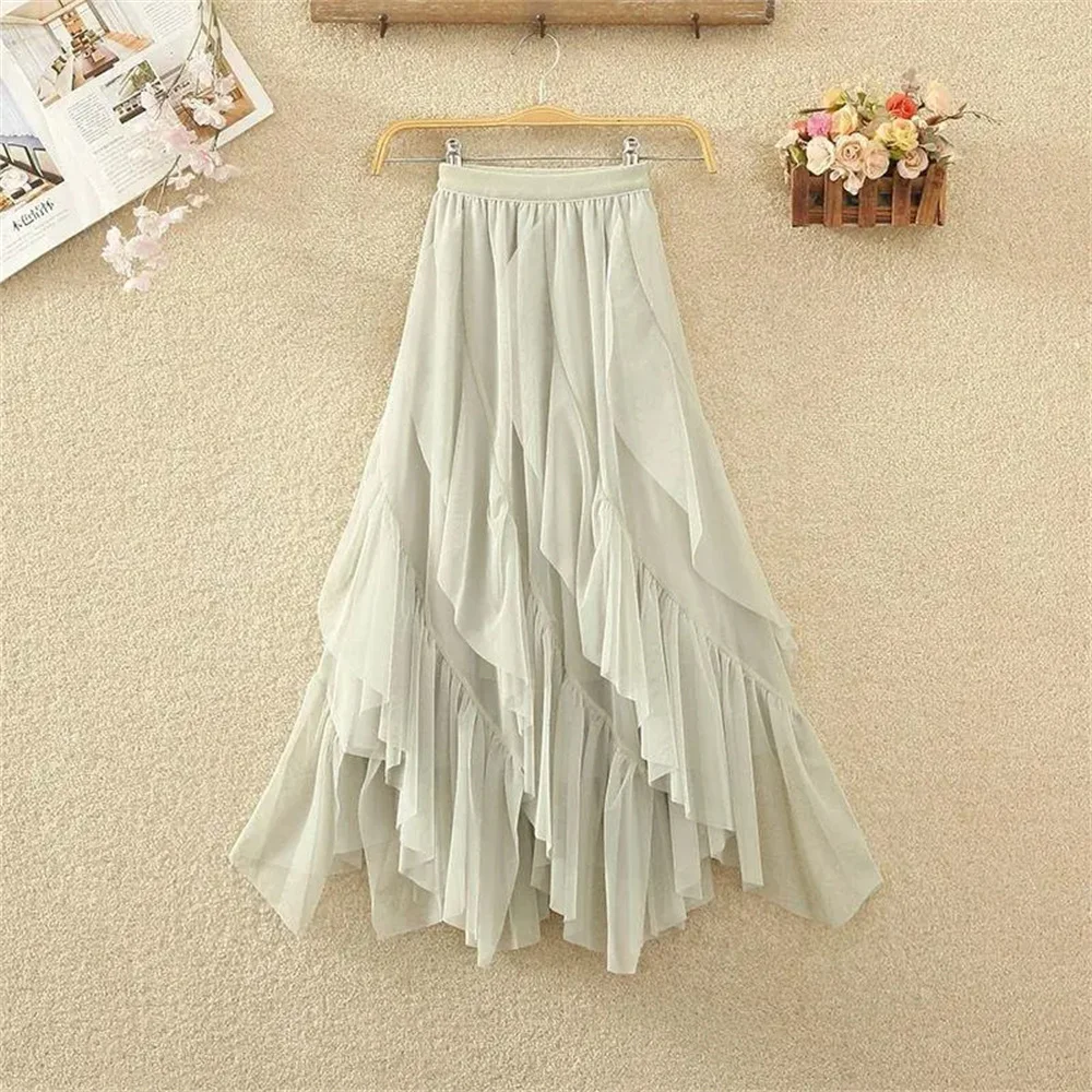 Irregular Ruffle Edge Asymmetric Mesh Casual Midi Skirt Women'S Layered Decoration High Waist Spring Summer Fall Long Skirts