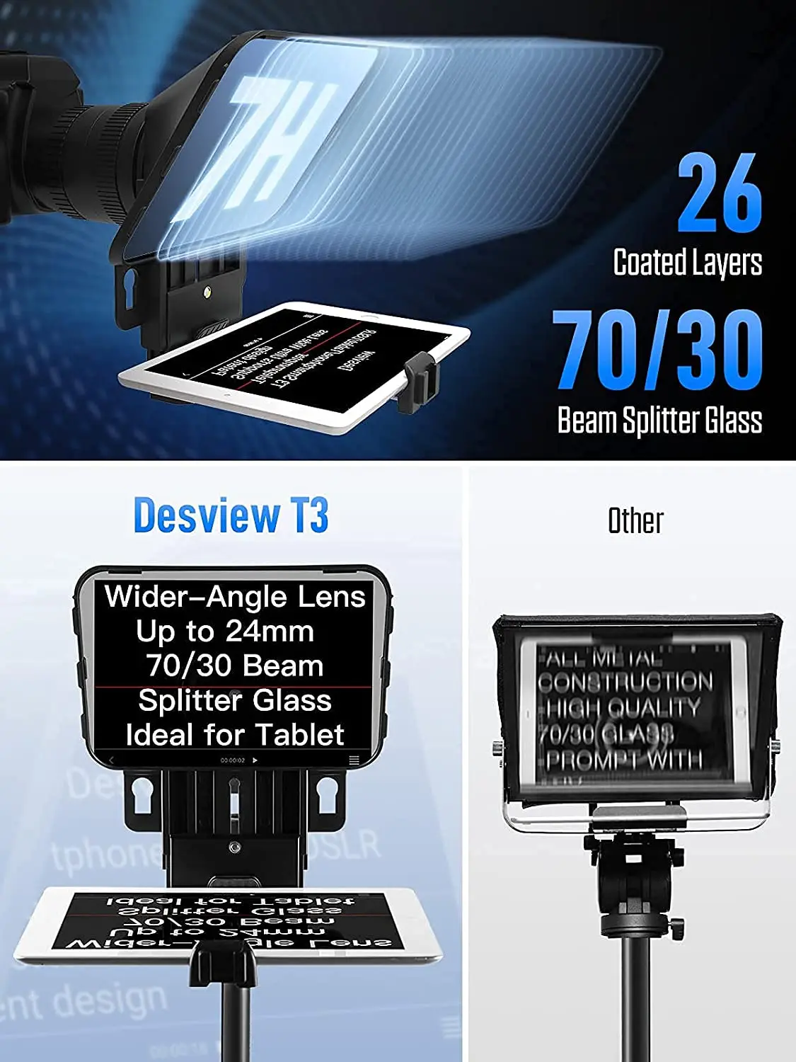 Desview T3 Teleprompter for Smartphone Tablets up to 11 inch 70/30 Beam Splitter Glass with Remote for Camera Video Recording