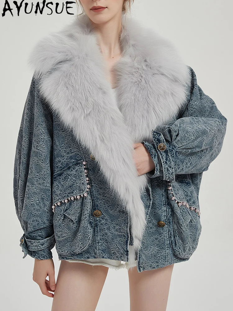 سترة نسائية من الفرو الحقيقي من AYUNSUE لعام 2025 معاطف نسائية قابلة للفصل ملابس شتوية دافئة بياقة من فرو الثعلب شوبا Жénska