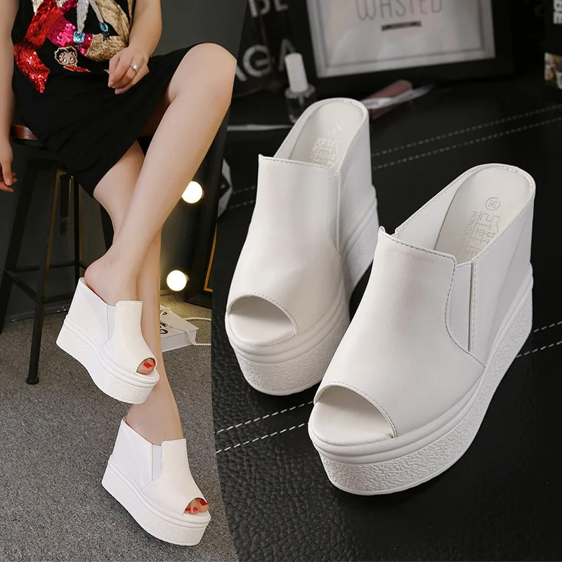 FHC14cm High Heels Wedges Sandals,Summer Shoe,Platforms Slides,Peep Toe Slippers,Microfiber Leather Slip On,Black,White,Dropship