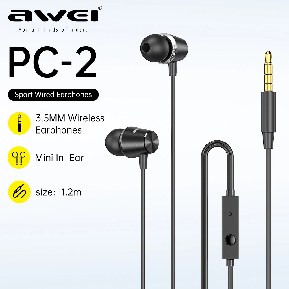 

Awei PC-2 3.5mm Jack Wired Earphones Hifi Stereo Sound Music Sports Wire Headset in-Ear Earbuds with 1.2m Cable Mini Headphones