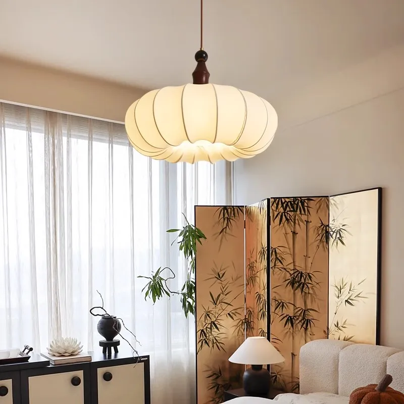 

Nordic Vintage Cream Pumpkin Chandelier Living Room Bedroom Hall Pendant Lamp Hanging Fixture Home Decoration Interior Lighting