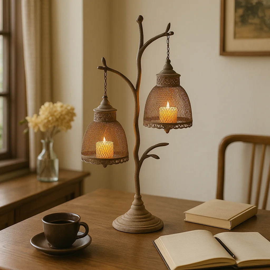 

‌Industrial Vintage Bird Cage Candle Holder with Antique Iron Craft Wabi-Sabi Style Tabletop Decor Romantic Ambiance Lighting