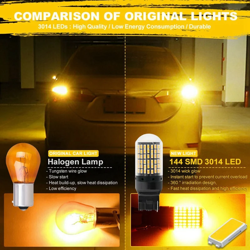 Clignotant de queue d'ambre pour barrage, 8X 7440 Canbus, super lumineux, sans courageux, ampoule LED, T20, W21W, 144, SMD