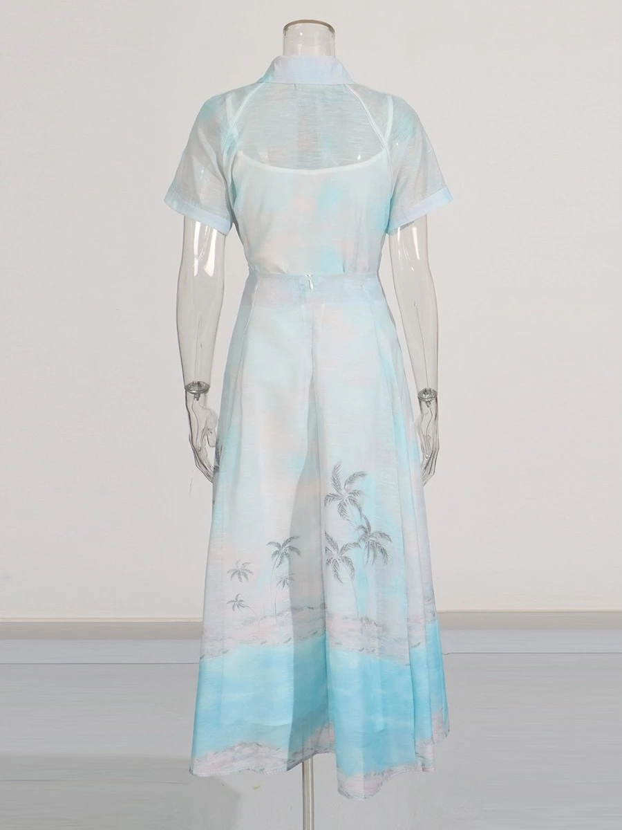 Women's ort Sve Printed irt V-Ne High Waist  Skirt Set Autumn Winter Faion Trendy Casual Comfortable Clothing