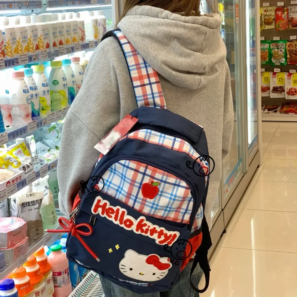 Miniso Hello Kitty Backpack Cute Canvas Embroidered Waterproof Backpack Cartoon Striped Grid Student Large Capacity Shoulder Bag