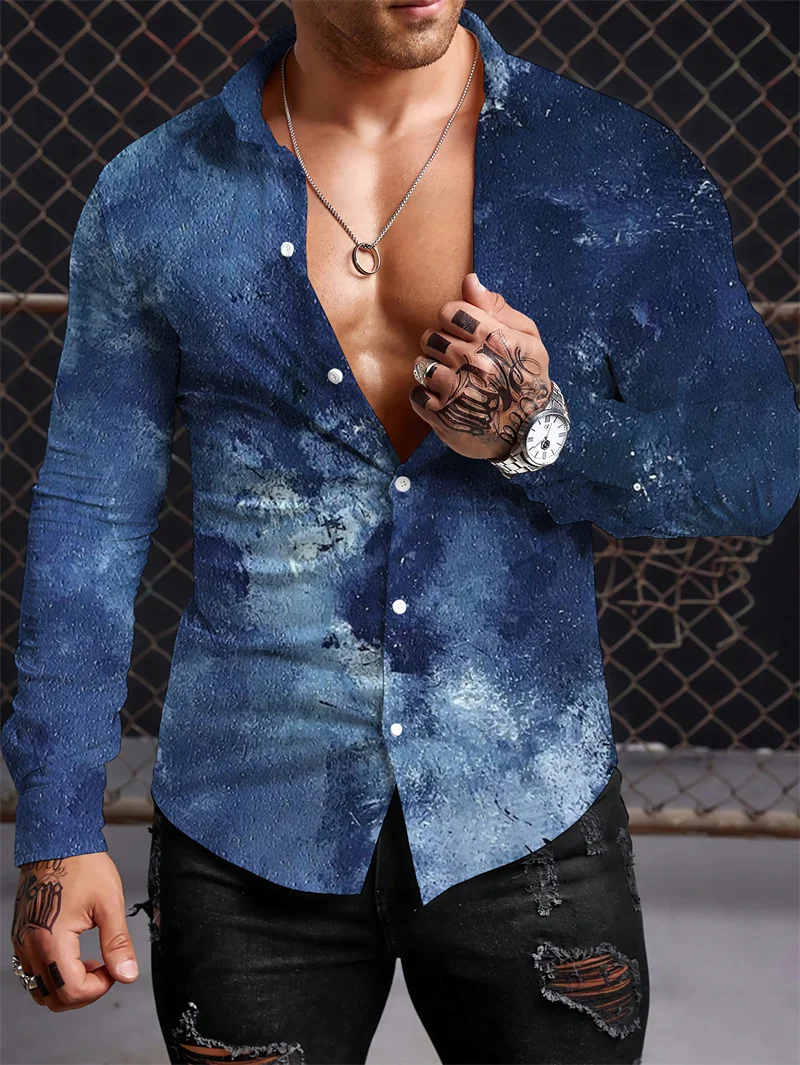Camisa de manga larga de estilo étnico para hombre, ropa de calle cómoda, camisa de manga larga con estampado retro, camisa de solapa de moda, otoño