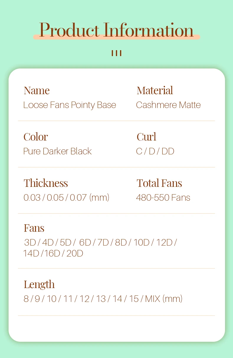 NEW Song Lashes Promade Fans Pointy Base Loose Fans Sharp Thin Root Korea PBT Material 500 Fans
