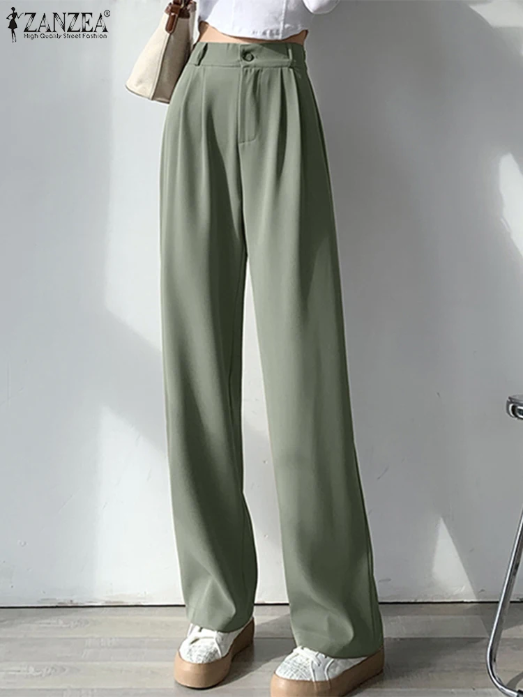 

ZANZEA Elegant Women High Waist Office Solid Trousers Summer Loose Palazzo Capris Casual OL Work Pants Female Long Pantalon