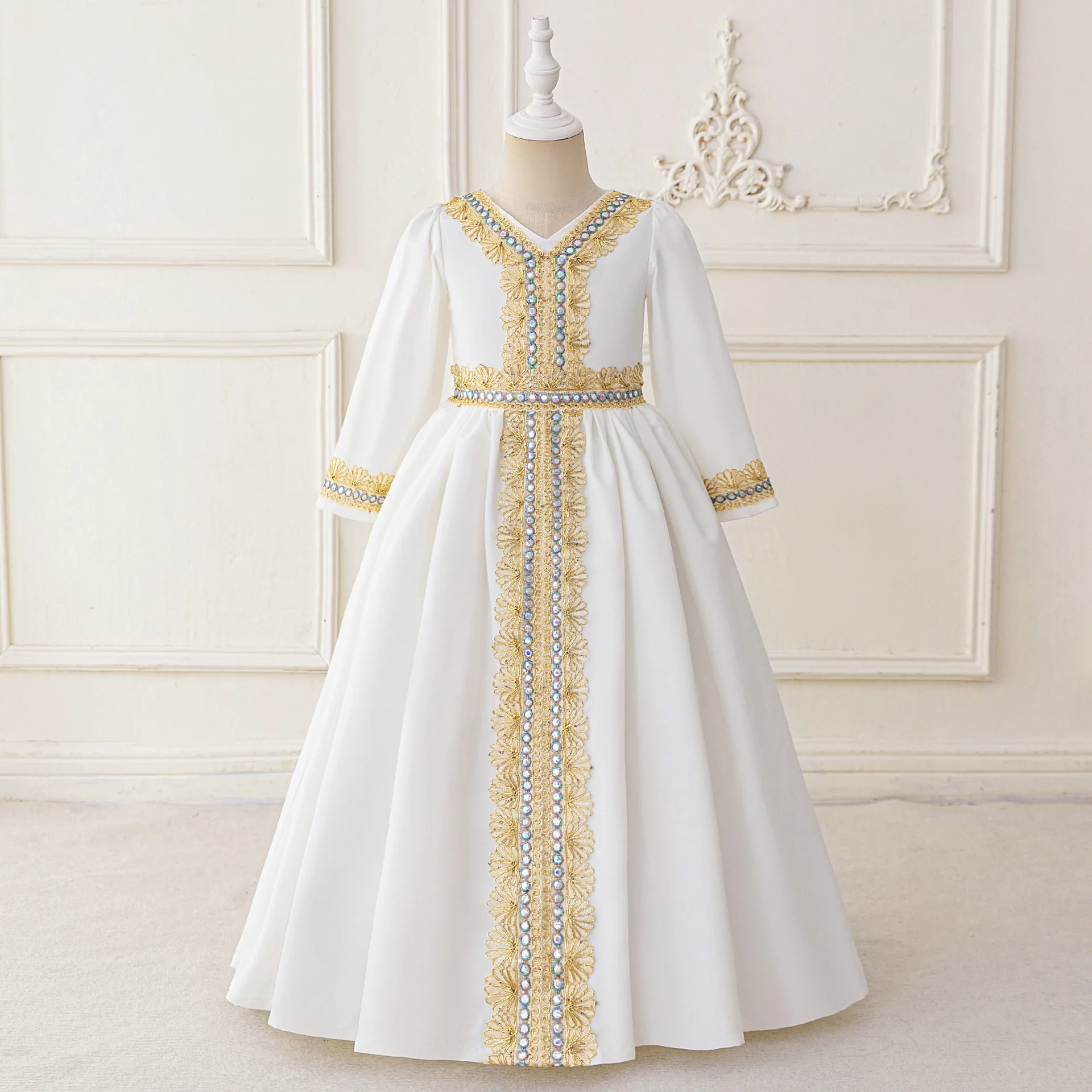 

Fashion Embroidery Pink White Dress For Girls Prayer Costume Long Sleeve Children's Clothing Formal Girl Outfits Festive Dress