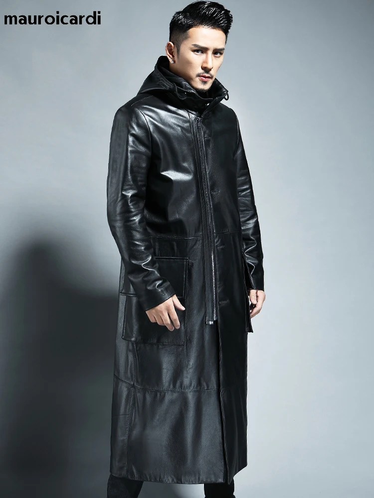 Mauroicardi Spring Autumn Extra Long Black Loose Waterproof Windproof Soft Pu Leather Trench Coats Men with Hood Zip Up Overcoat