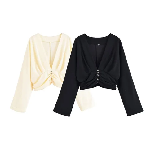 Otoño e Invierno nueva ropa de mujer diseño de estilo francés plisado cuello en V decoración de botones cintura cinchando top corto