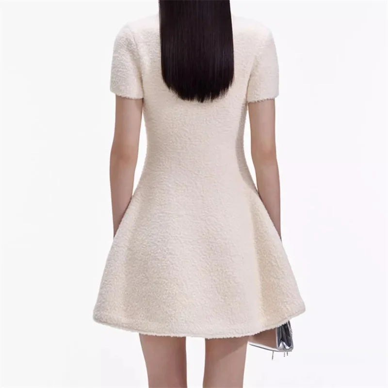 Women's dress 2024 autumn New in fashion button decoration short sleeved mini dress elastic knitted slim plush Short dresses y2k