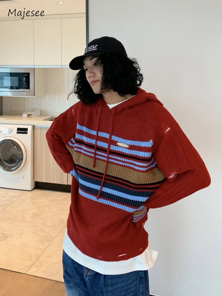 Hooded Sweaters Men Striped Colorful American Style High Street Retro Chic Youthful Teenagers Prevalent Panelled Pullovers Outer