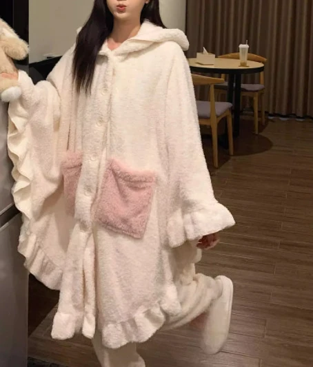 حجم كبير المرأة سميكة مقنعين ثوب النوم الخريف الشتاء لطيف المرجان الصوف كيب منامة موضة فضفاضة تنوعا المتسكعون مجموعة #4