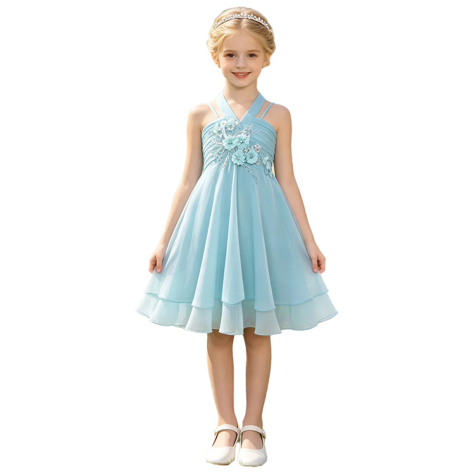 Kids Wedding Flower Girl Birthday Pageant Party Dress Embroidery Applique Pleated Bodice Tiered Chiffon Elegant Sweet Gown