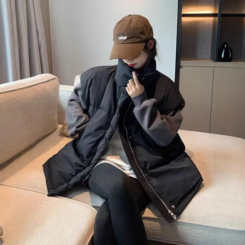 Women Parkas Sleeveless Vest Zipper Parka Solid Cardigan Coats Loose Pockets Casual Outerwear Stand Collar Covered Button