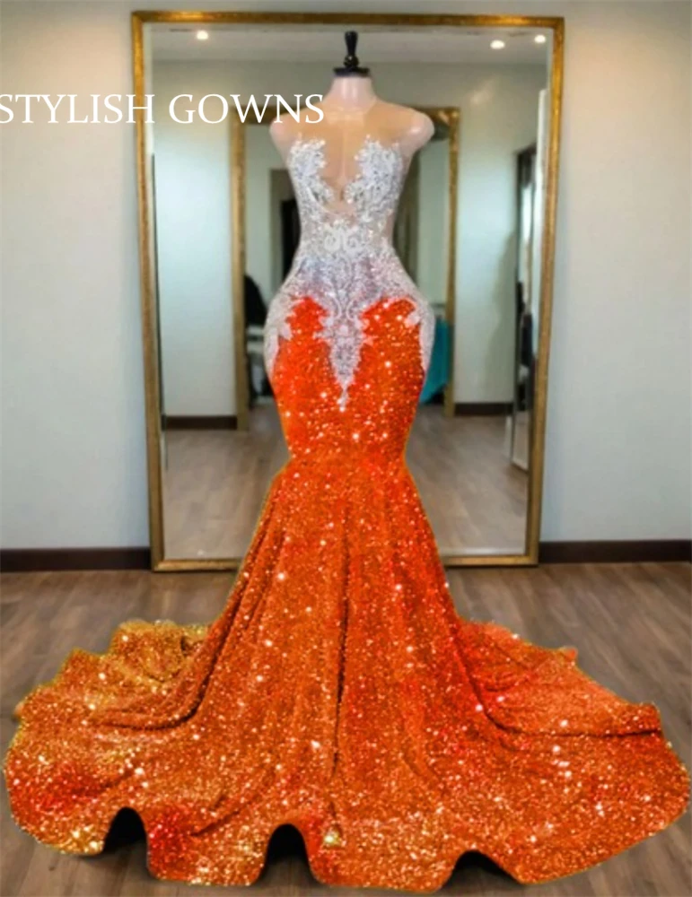 

Orange Luxury Long Prom Dress 2025 Black Girls Beaded Appliques Birthday Party Gown Sequined Wedding Dresses Customized