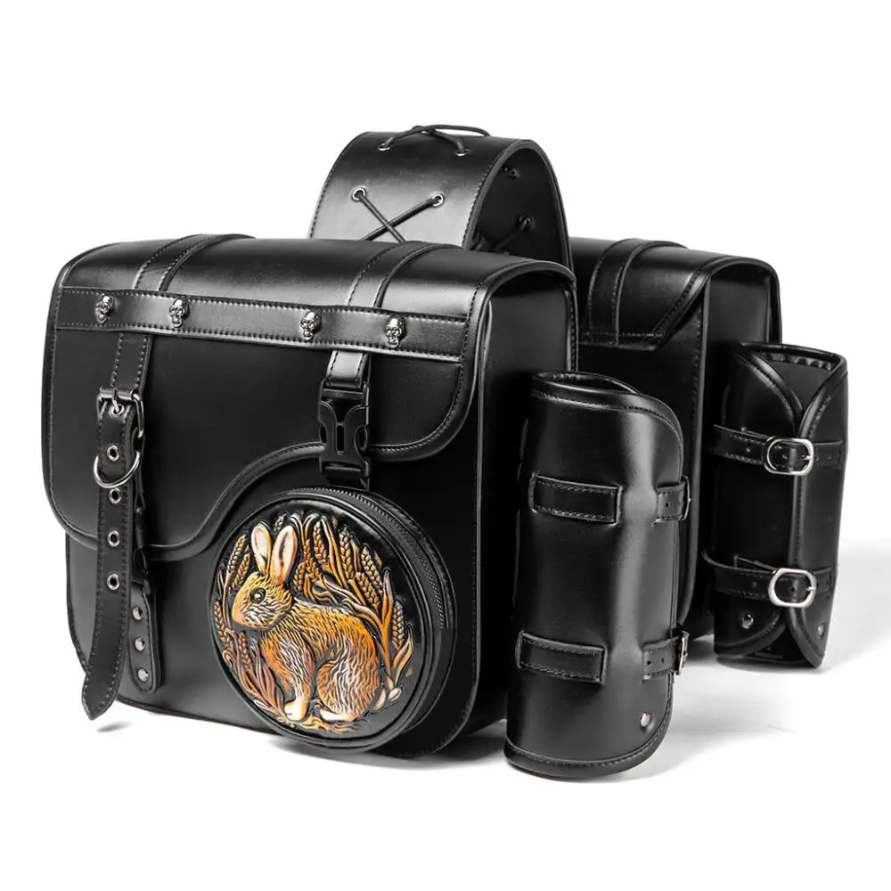 Industrial Retro Style Heavy-Duty Motorcycle Side Bag Embossing Rabbit Partern Pu Leather Knight Hanging Bag Medieval Steampunk