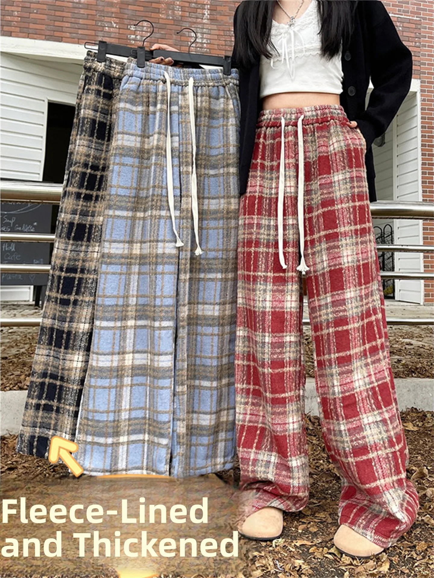 

Красные клетчатые повседневные брюки унисекс, утепленные, для осени и зимы, в американском стиле, широкие, шерстяные, в клетку