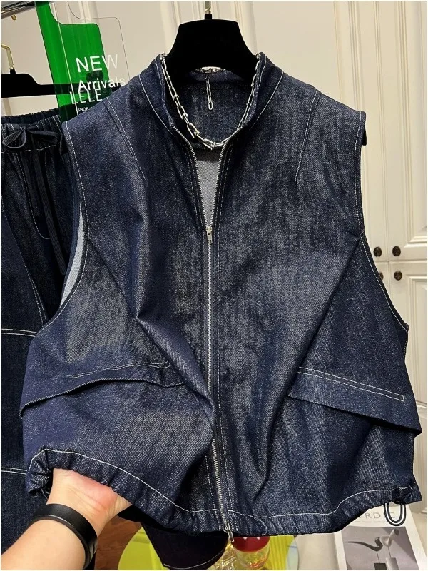 

Autumn New Loose Fit Stand Collar Denim Vest Versatile Straight Stitch Design Slimming Women's Vest Casual Waed Fabric
