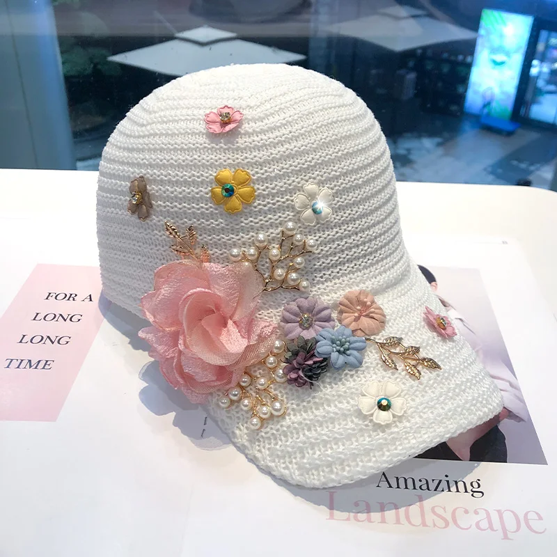 

Women's Summer Rose Baseball Cap Snapback Fashion Hot Rhinestone Pearl Cap Ladies Casual Breathable Visor Cap