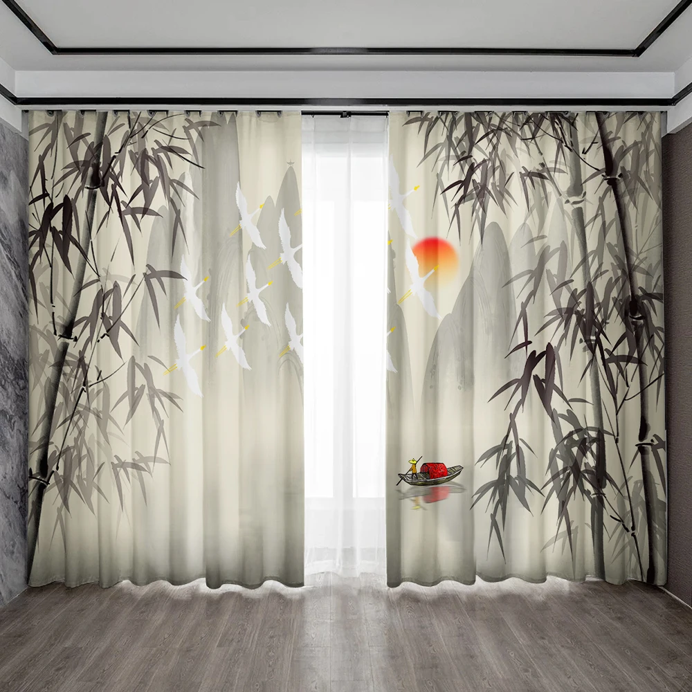 2PC Home Decoration Curtains, Bamboo Landscape Painting With Pole Bag Curtains, Kitchen,Coffee Shop, Living Room, Balcony