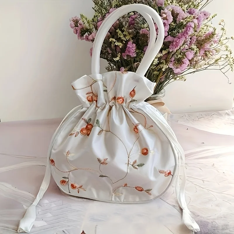 Sac brodé en satin de style ethnique pour femme, sac à main à cordon de proximité, accessoires Hanfu, E27