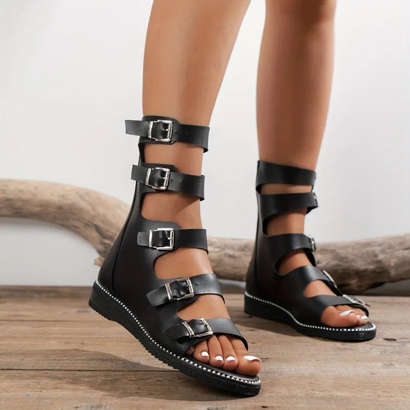 women summer 2026 new round-toe building branch mid-heel versatile heightening flat short boots