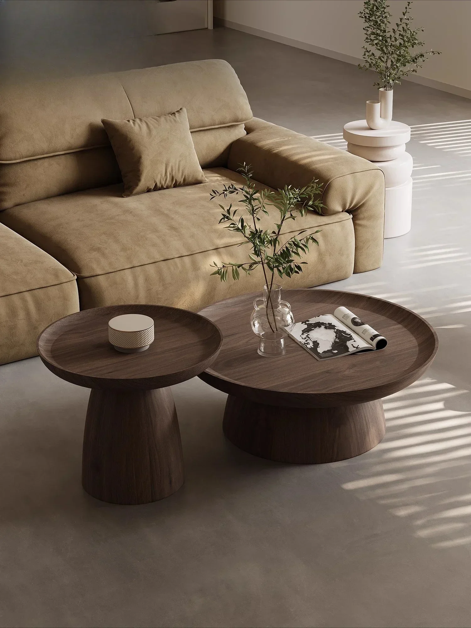Wabi-sabi wind round living room coffee table combination, high-end atmosphere, medieval new solid wood coffee table