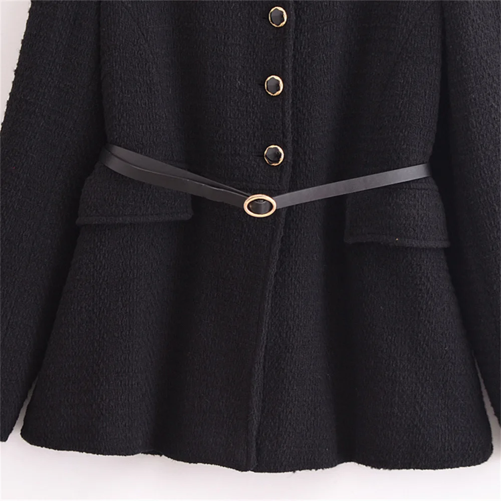 Xiaoxiangfeng مع حزام، سترة ذات نسيج بلون موحد، منتج جديد للخريف والشتاء، سترة طية صدر السترة بأكمام طويلة للنساء