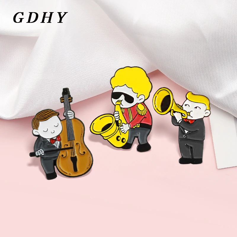 GDHY Fashion Music Boy Enamel Pin Sax Cello Violin Trumpet Horn Musician Music Band Brooches Lapel Badge for Friends Jewelry