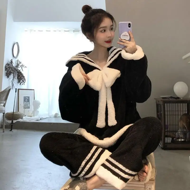 

Женская одежда, пижамы, осенне-зимний утепленный фланелевой воротник с бантом, коралловый флис, комплект домашней одежды для отдыха, брюки с длинными рукавами