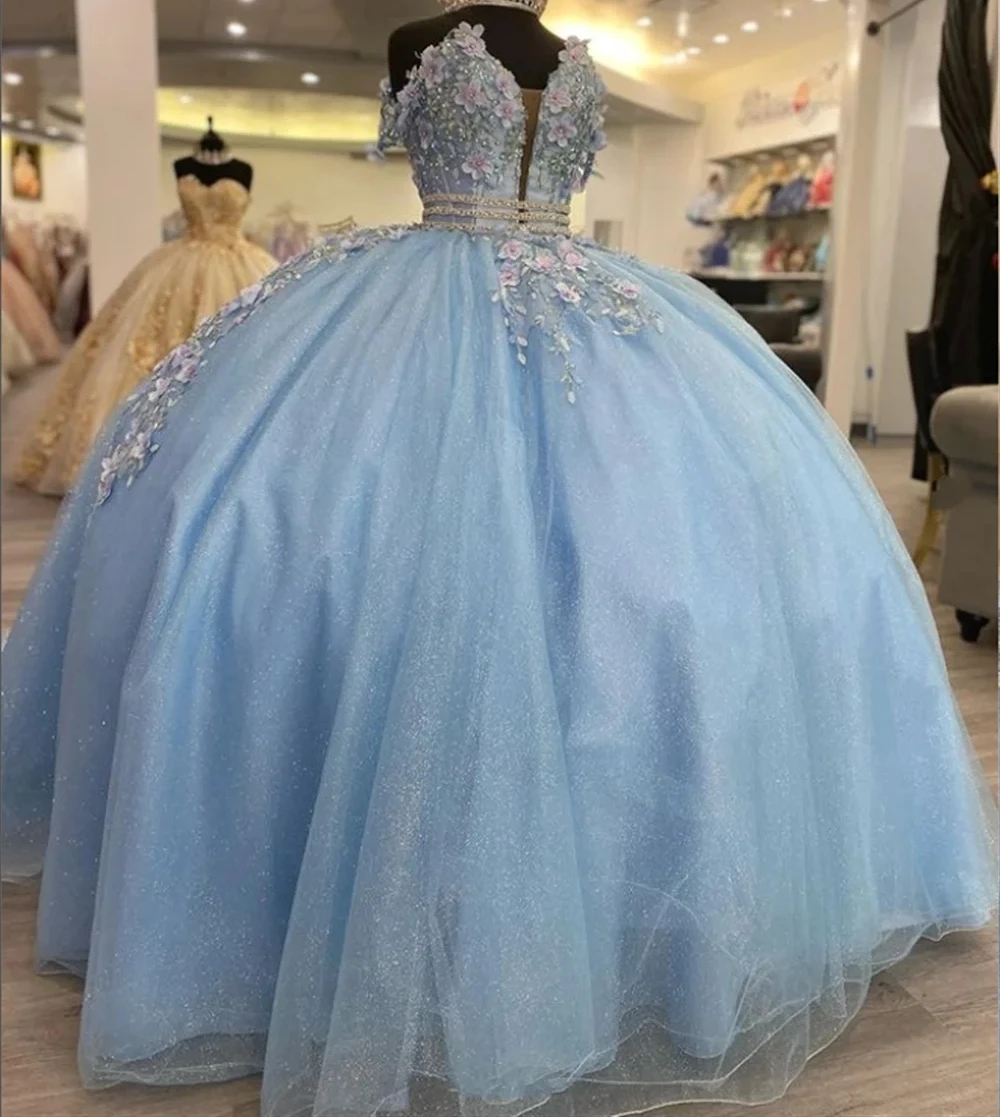 Sky Blue Princess Quinceanera فساتين ، حفلة ثوب ، عاري الكتفين زينة ، زهري حلو 16 فساتين ، 15 سنة ، مكسيكي