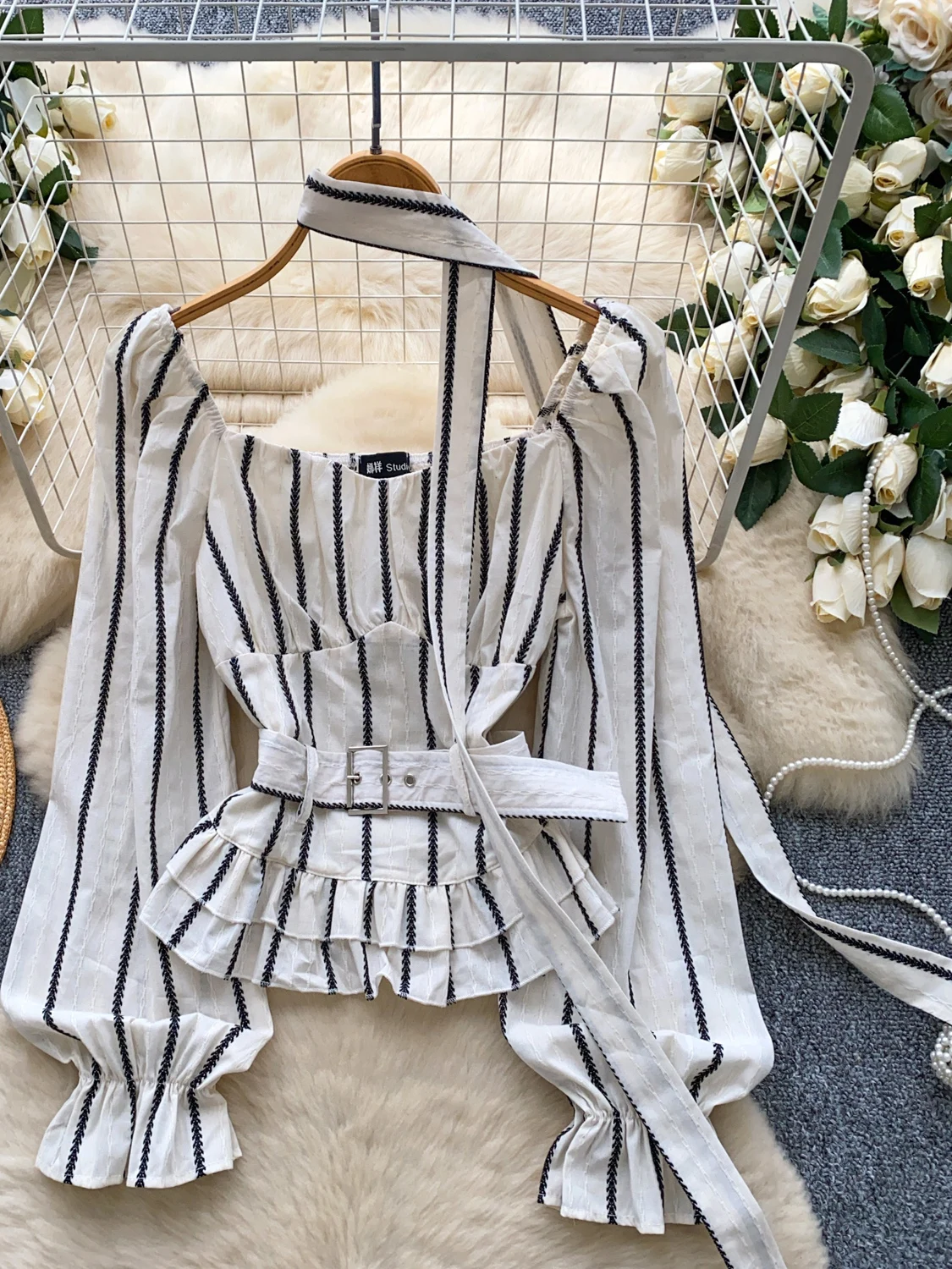 Ele besticktes Bubble Sve gestreiftes Irt Damen-Top mit lockerer Passform und Gürtel an der Taille, faionable Autumn Irt