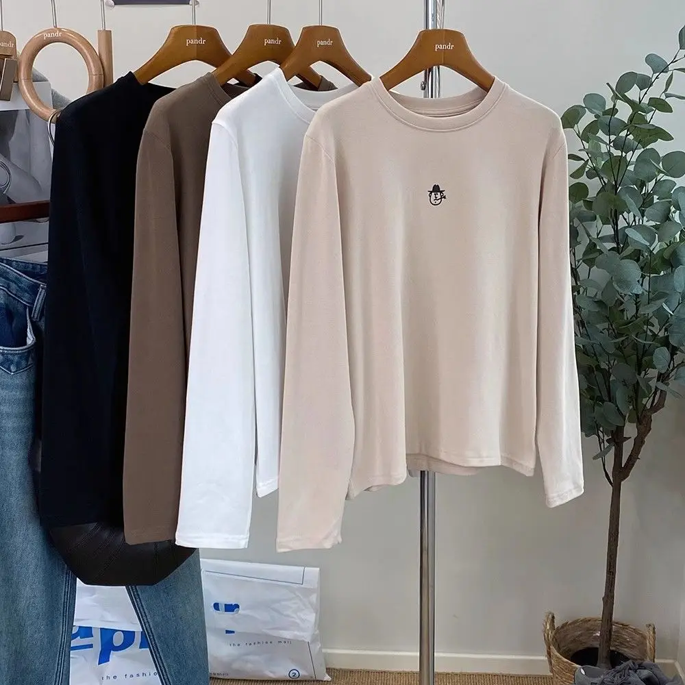 Slimming Effect Velvet Flocking Embroidery round Neck Long Sleeve Loose Fit T-Shirt Women Ultra Soft Versatile Overhead Style