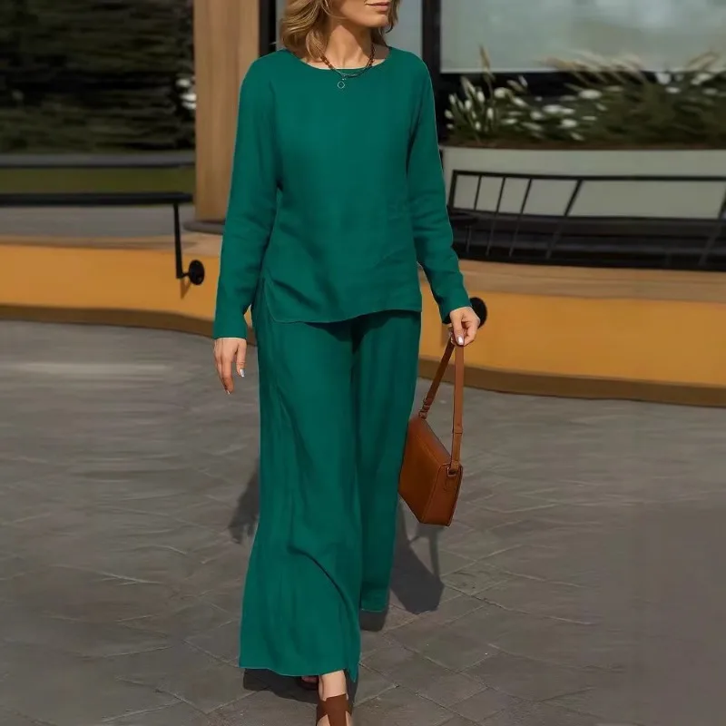 여성용 가을 라운드 넥 솔리드 컬러 루즈 티셔츠 캐주얼 팬츠 세트