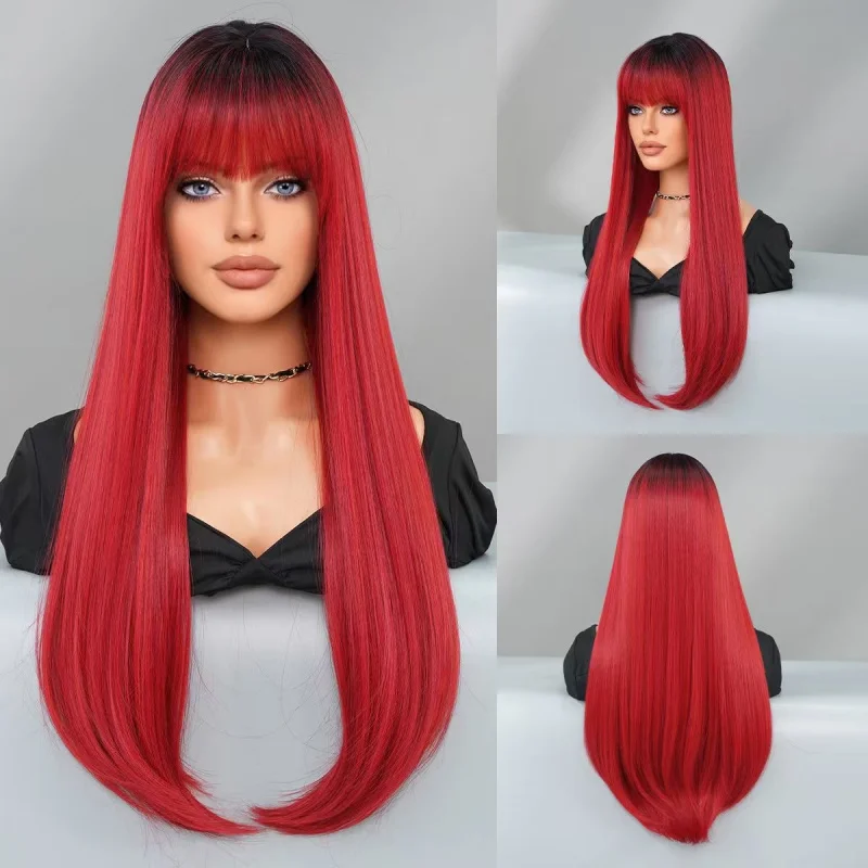 ロングストレートヘアウィッグ、シルバーグレーのエアバング、耐熱性合成繊維フルヘッドピース
