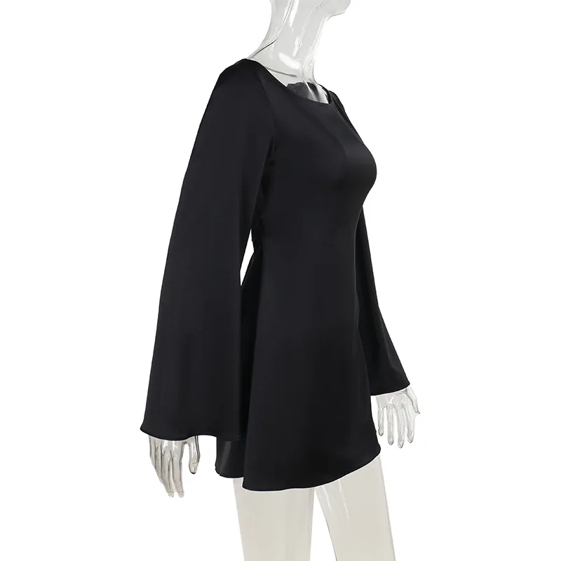 Satijnen jurk voor dames Mode Vintage streetwear jurken Effen slanke lange mouwen Lace Up Mini herfst winterjurken