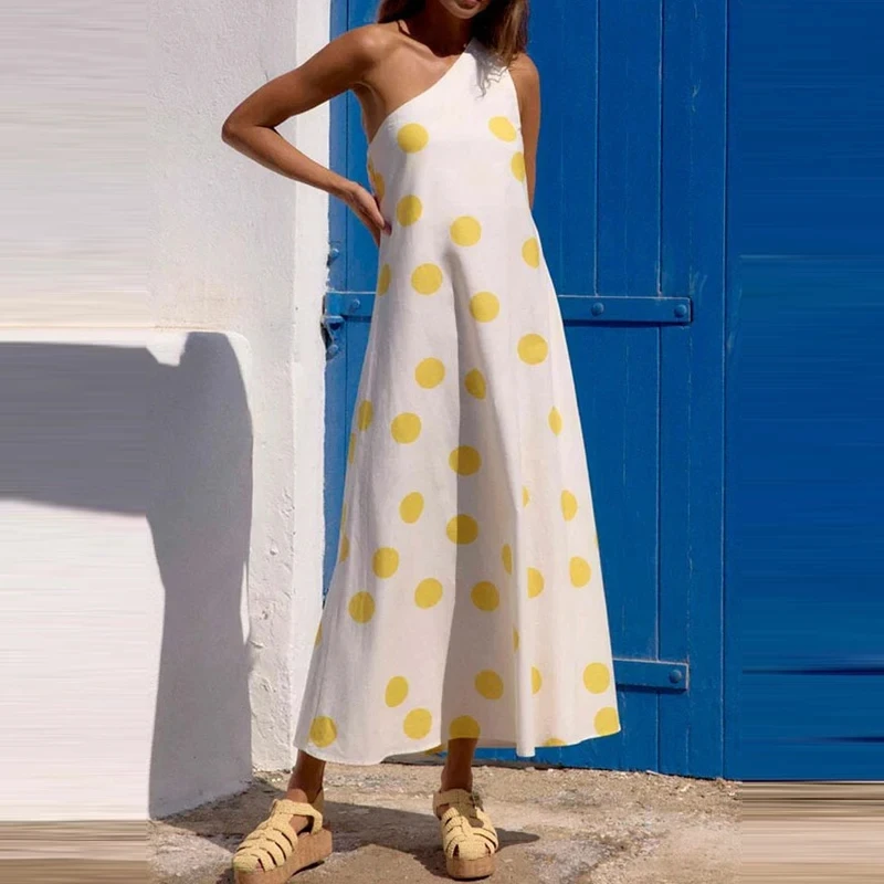 

Elegant Women Sleeveless Hollow Out Holiday Dress Summer Off Shoulder Pleated Dress Fashion Slash Collar Polka Dot Printed Dress