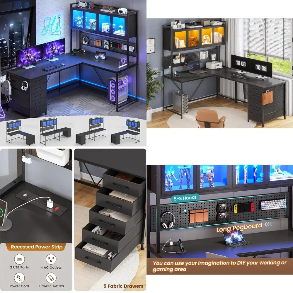 

L-Shaped Gaming Desk with Drawers, Hutch, Storage Shelves, and LED Pegboard
