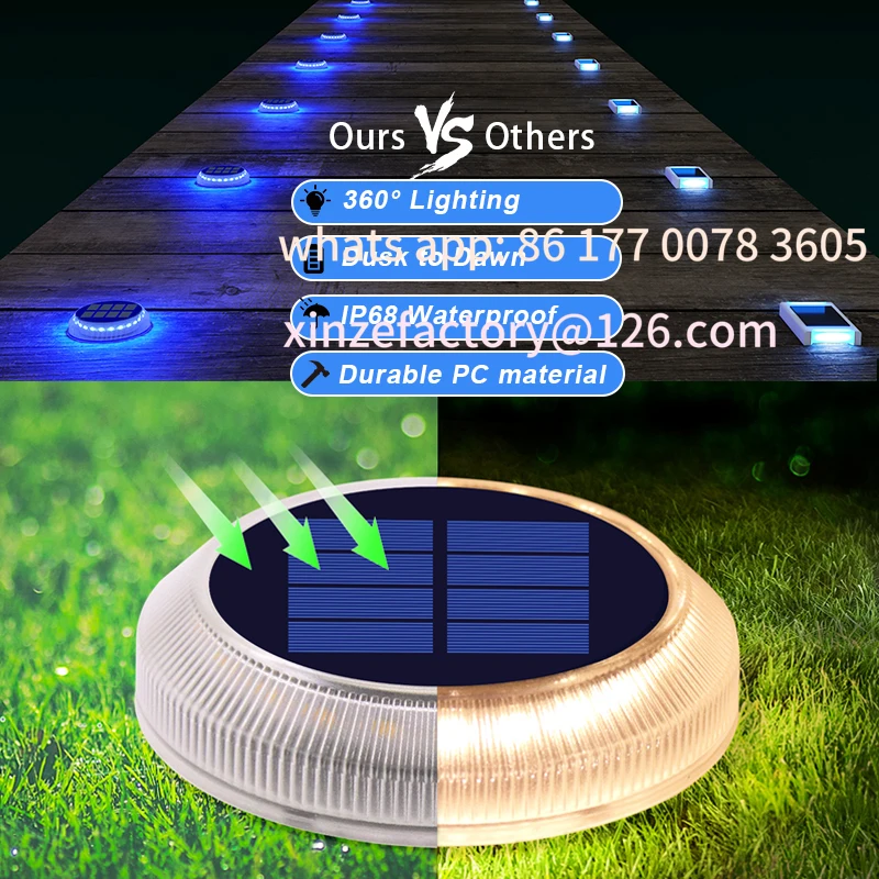 6 عبوات قابلة للتخصيص، أضواء الممر الشمسية، أضواء حوض الطاقة الشمسية، أضواء سطح الطاقة الشمسية الزرقاء في الهواء الطلق IP68 مقاومة للماء، لاصقة للخطوة