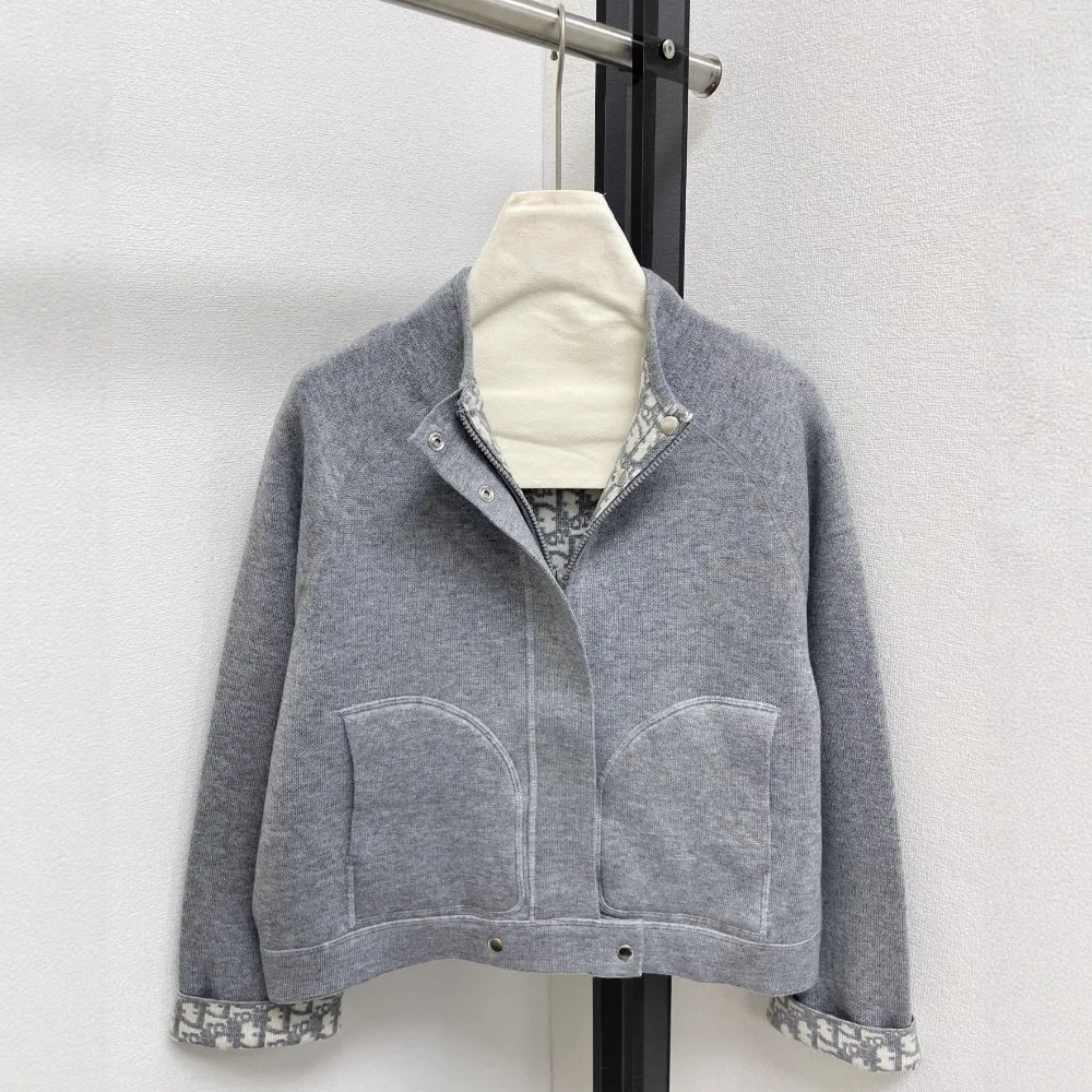 سترة خريف وشتاء بسيطة يمكن ارتداؤها على الوجهين، قفل سريع، سحاب، ياقة واقفة، سترة محبوكة بأكمام طويلة