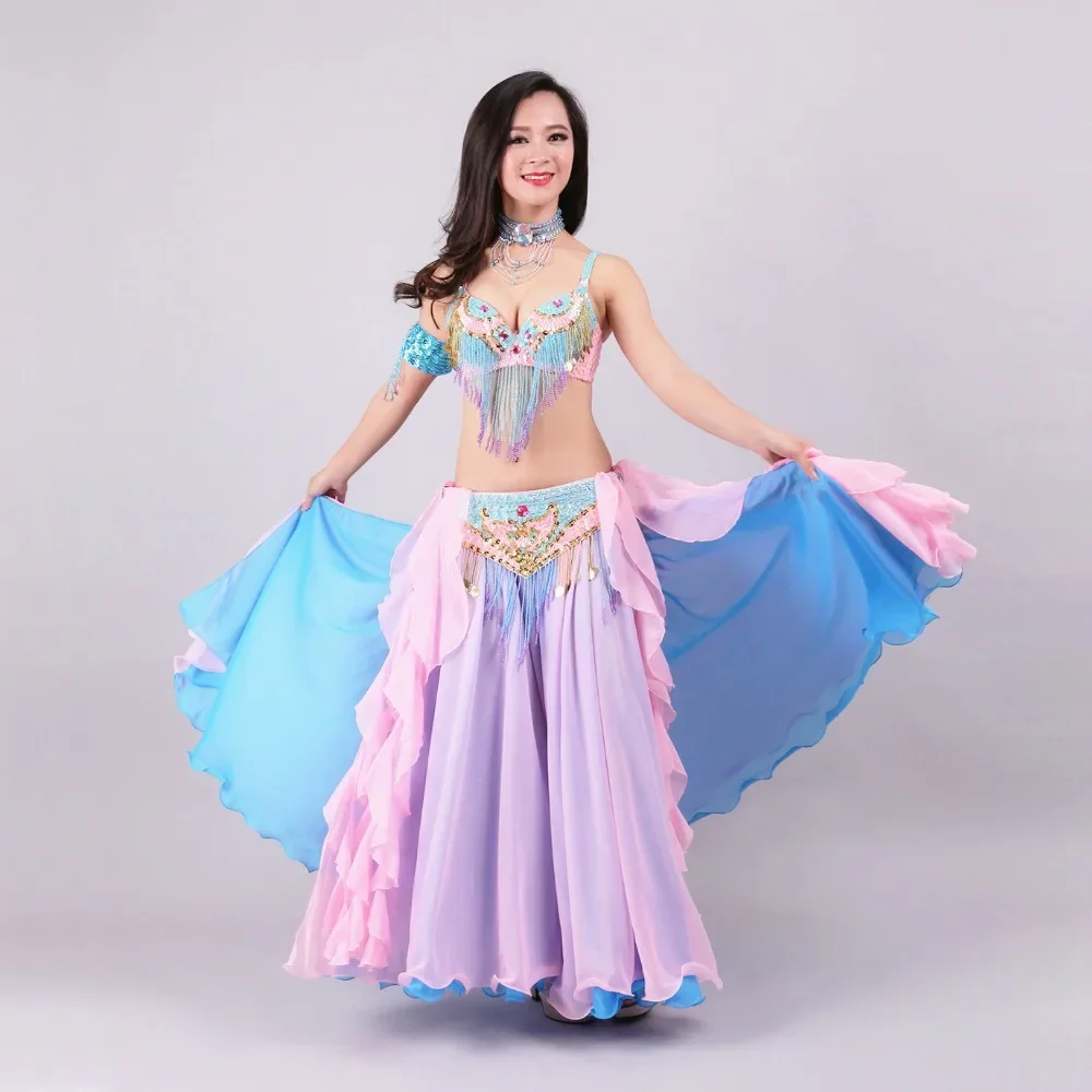 ขนาด S-XL ผู้หญิง Professional ลูกปัด Belly Dance เครื่องแต่งกาย 3 pcs ชุด Bra & เข็มขัดและกระโปรง Oriental Belly Dance ลูกปัดเสื้อผ้า