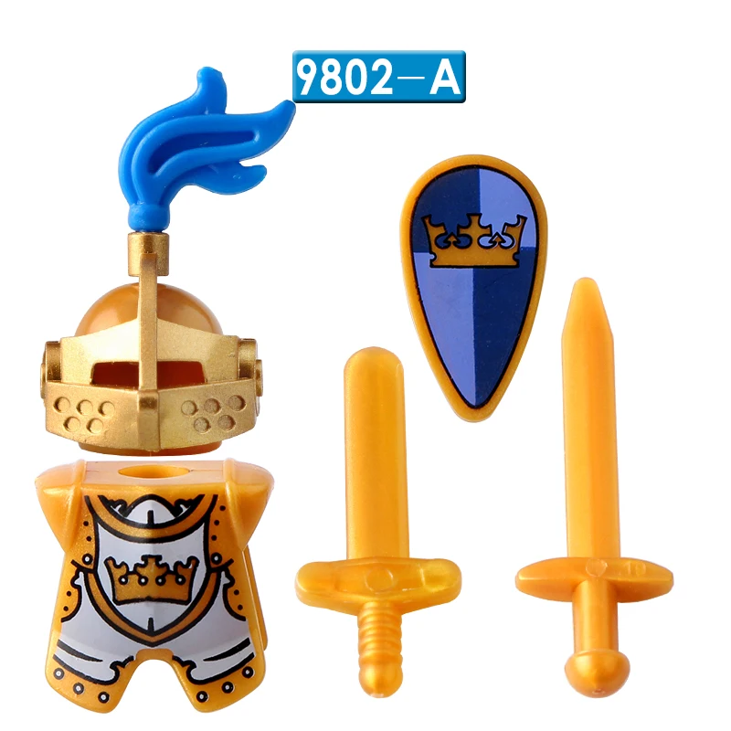 Bloques de construcción de armadura de lanza de escudo de caballero Medieval, accesorios de caballero dorado, bloques de construcción, Mini figura de acción, juguete de regalo de vacaciones, AX9802